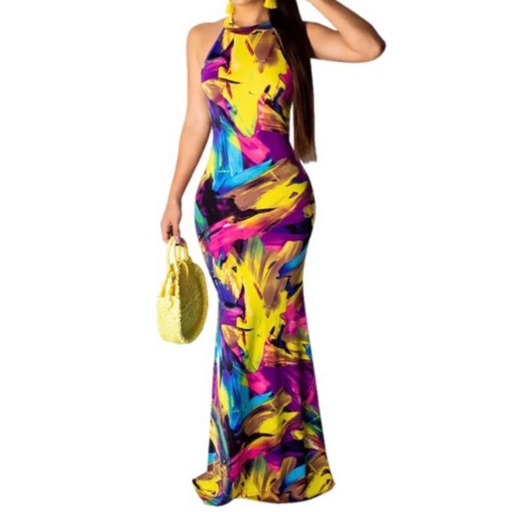 NWT Multicolor Halter Maxi Dress – Size Large – Fitted, Open Back, Summer Look